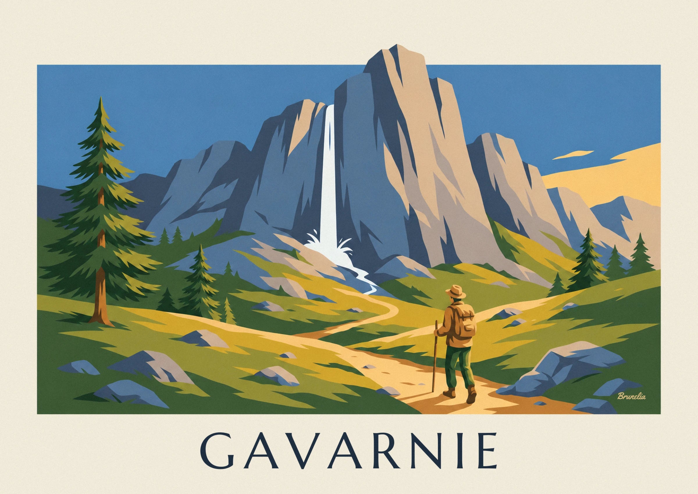 The hiker with a hat, rucksack and walking stick on the alpine pasture path