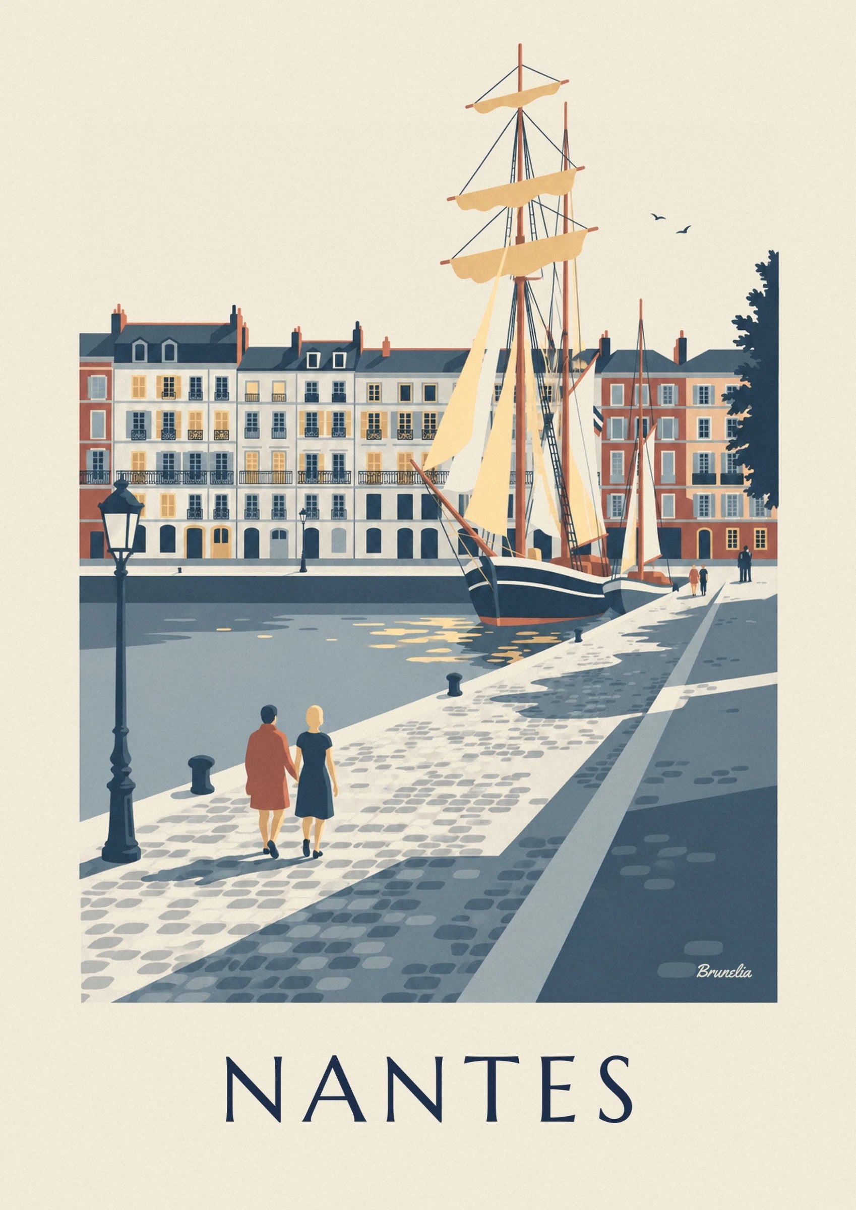 The sailing boats with cream sails in front of the colourful façades of quai de la Fosse