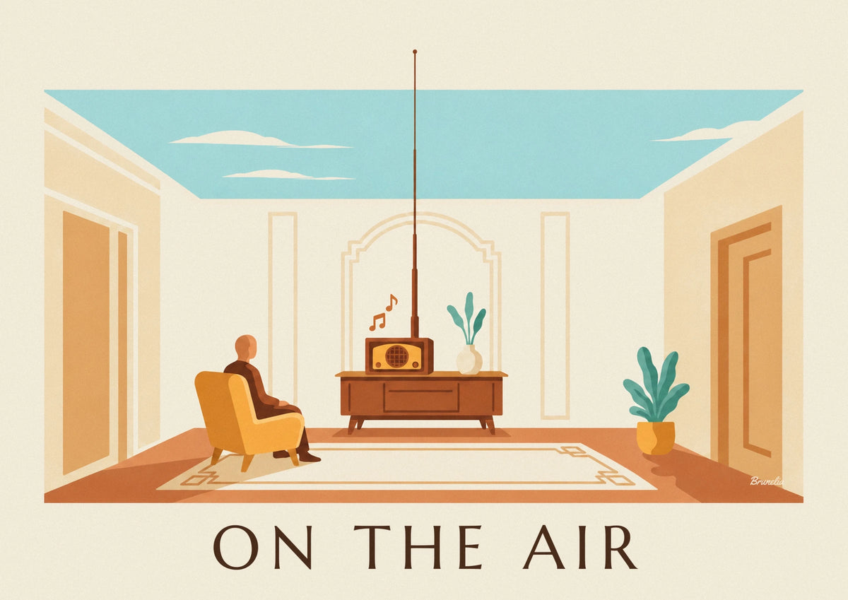 Wooden radio set in a cozy living room poster