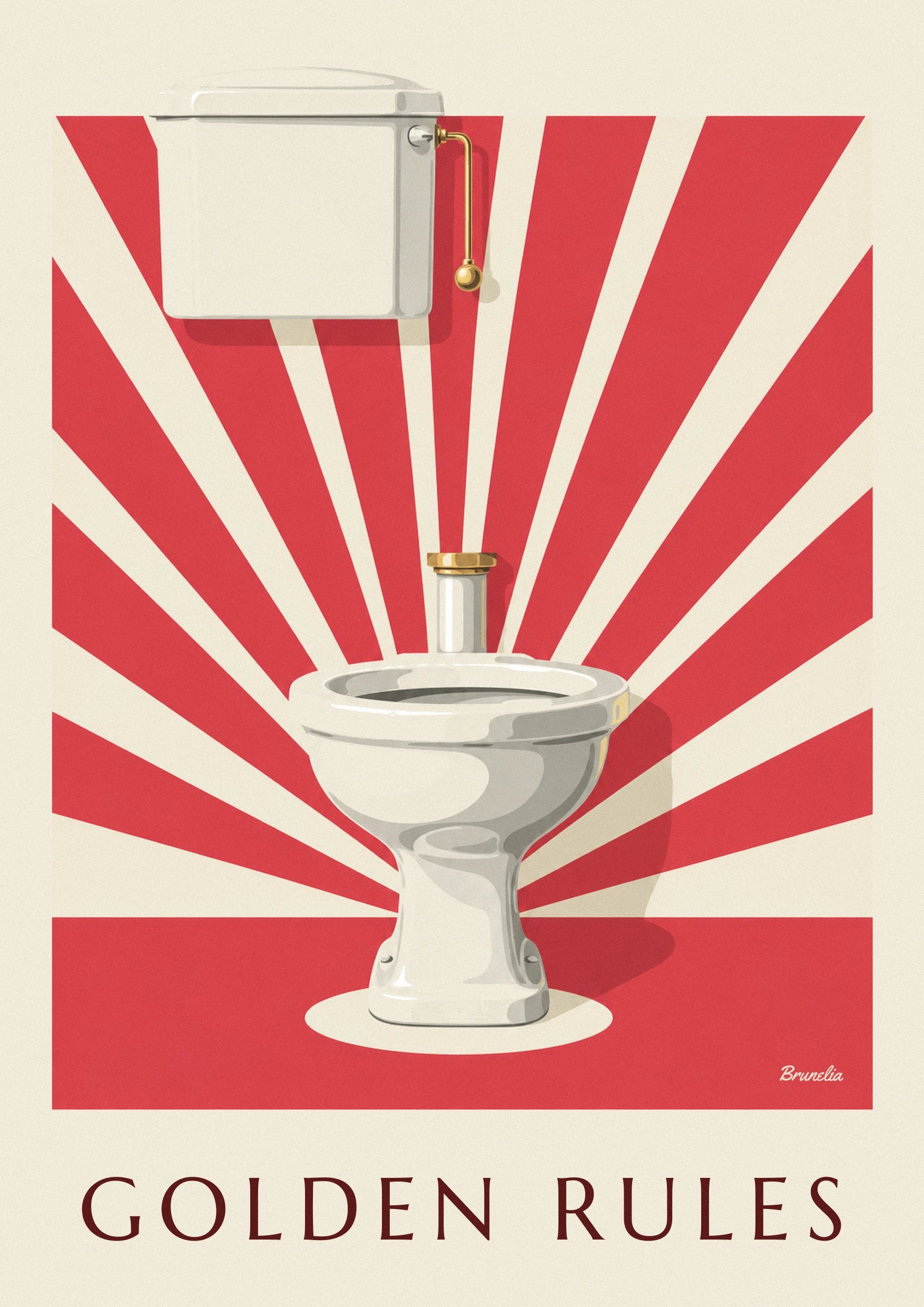 White toilet under the spotlights, golden rules poster: close-up detail