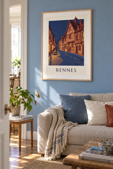 Poster of half-timbered houses in old Rennes one evening: framed on the wall