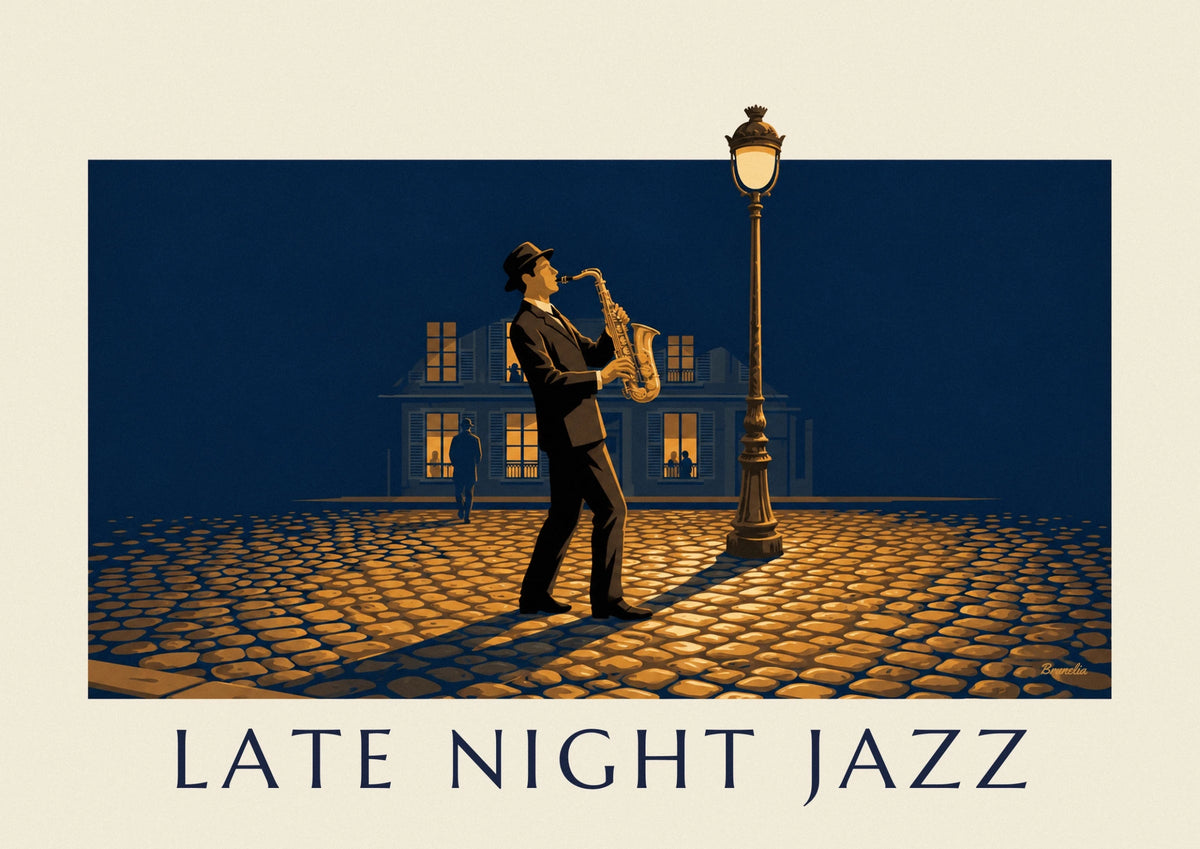 Night jazz saxophonist under a streetlamp poster