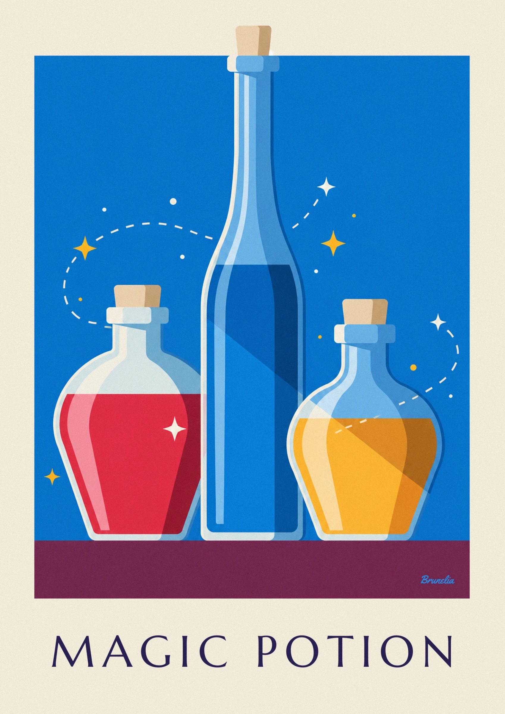A rounded bottle filled with red potion, with a white star-shaped reflection