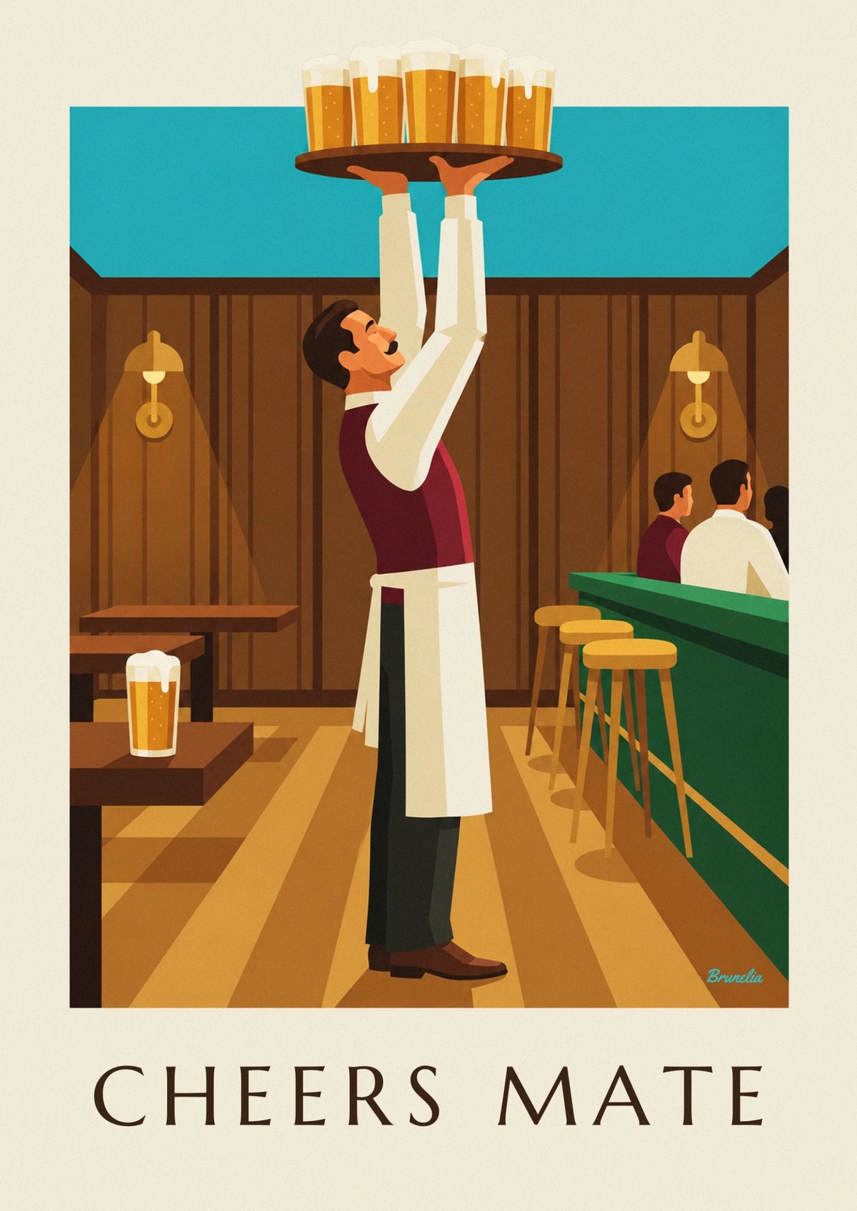 Brewery waiter and beer mug tray poster
