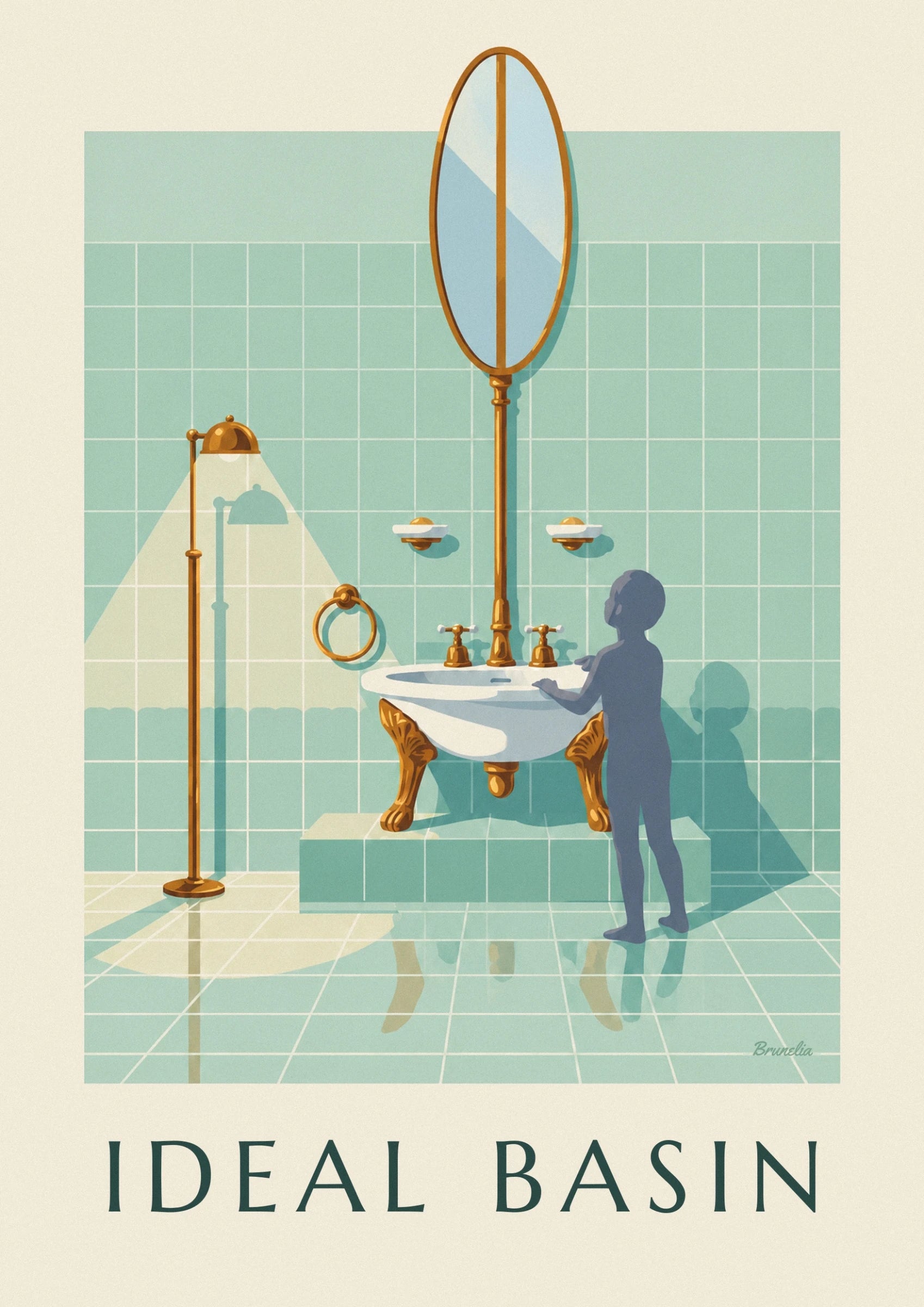 Le miroir ovale au cadre doré devant le carrelage vert de la salle de bain