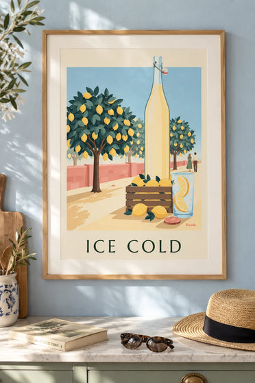 Affiche bouteille de limonade et cagette de citrons au verger : encadrée au mur