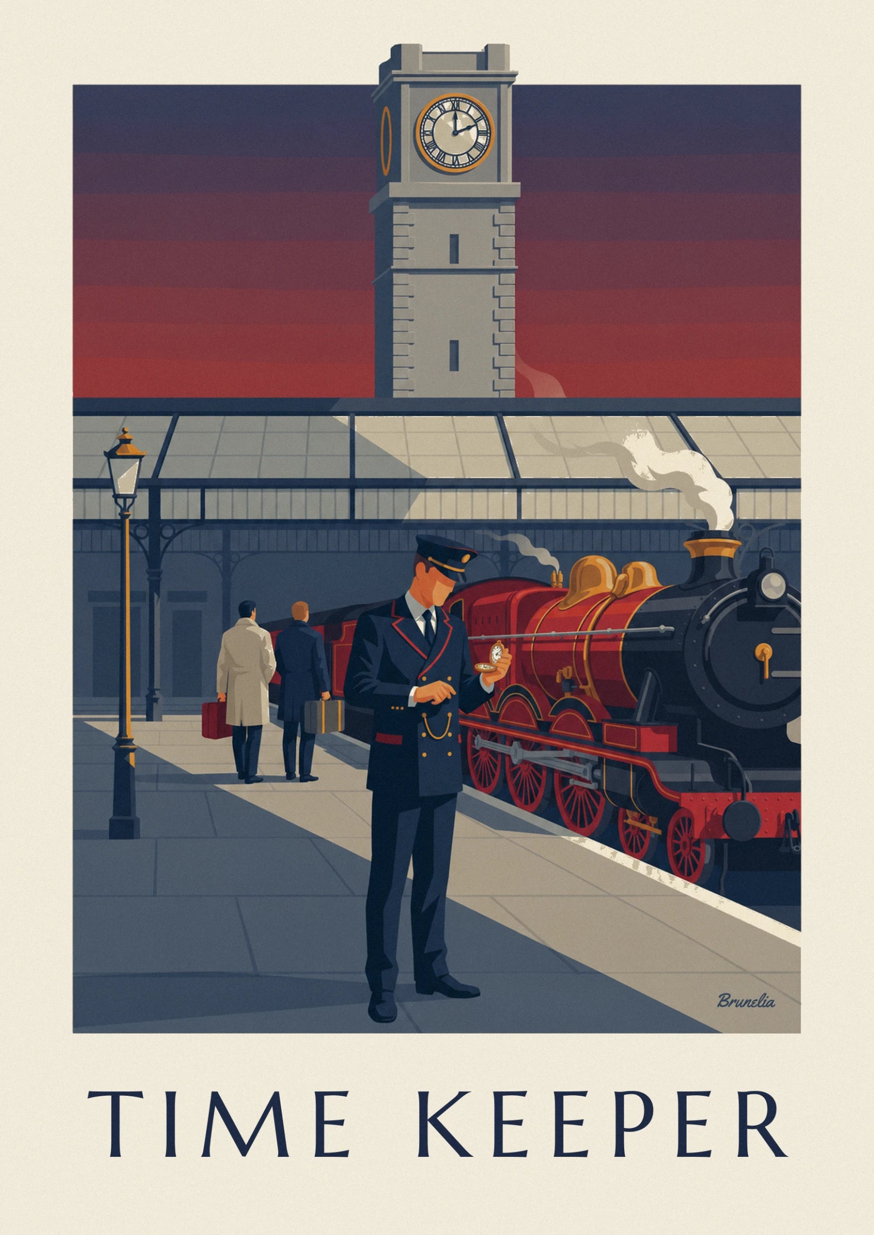 The stationmaster in a navy uniform checking his pocket watch in front of the red locomotive