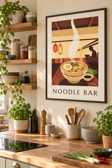 Affiche bol de nouilles asiatiques fumant et baguettes : encadrée au mur