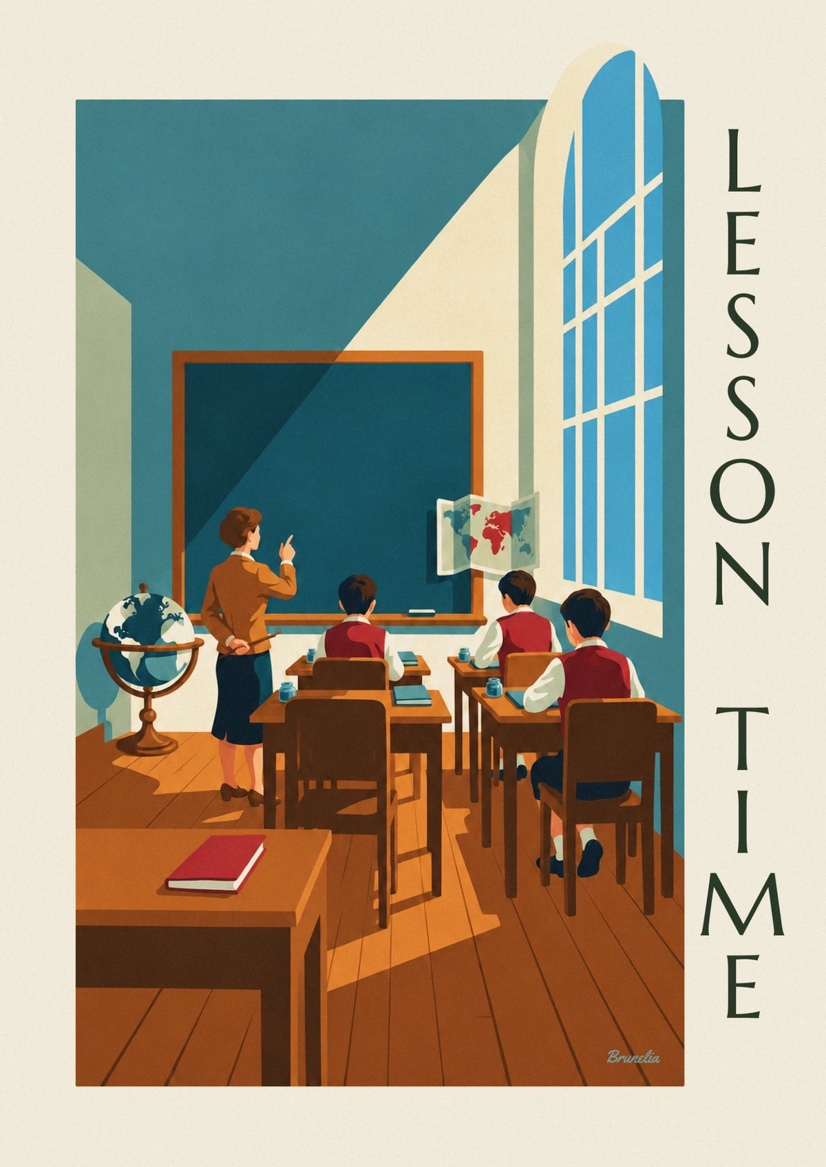 Affiche maître et élèves en classe d'école, tableau noir