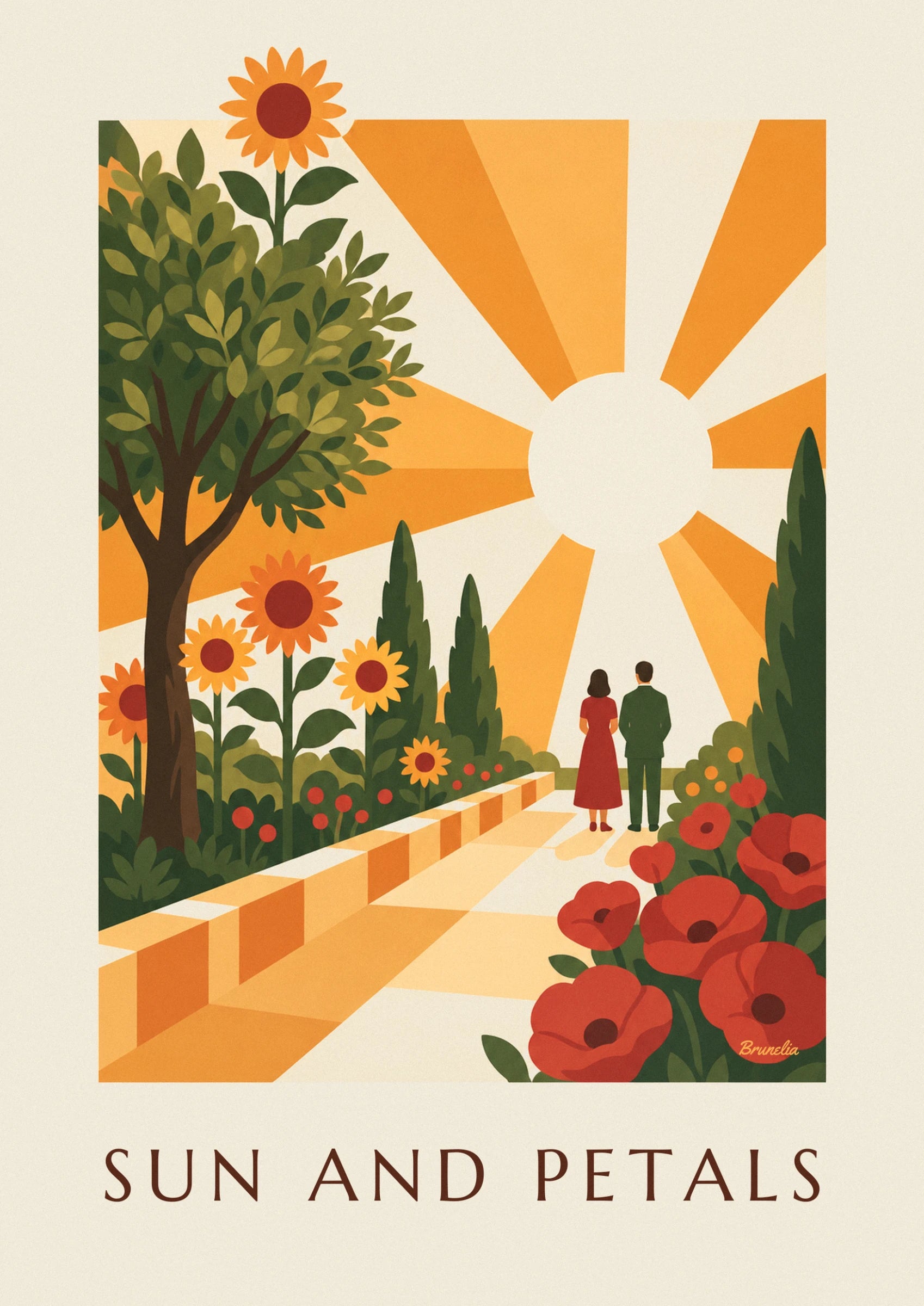 The couple seen from behind, she in a red dress and he in a green suit, facing the sun's rays