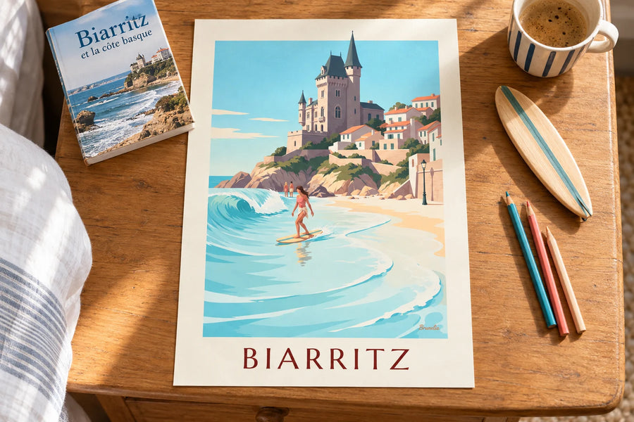 Plakát longboardistka na pláži Côte des Basques v Biarritzu: položený na stole