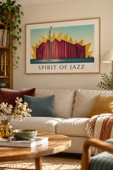Plakát mikrofon na pódiu jazzového klubu, Spirit of Jazz: zarámovaný na zdi