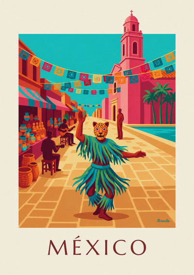 Dancer in a jaguar mask on a Mexican square poster: the full poster