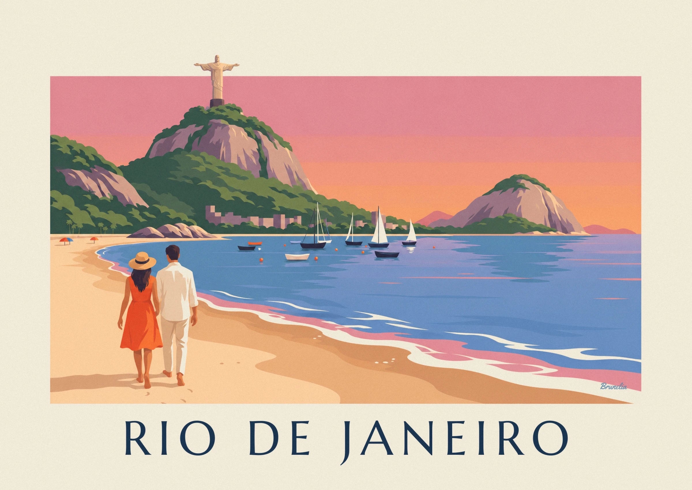 The barefoot couple on the sand, with an orange dress and straw hat, facing the bay