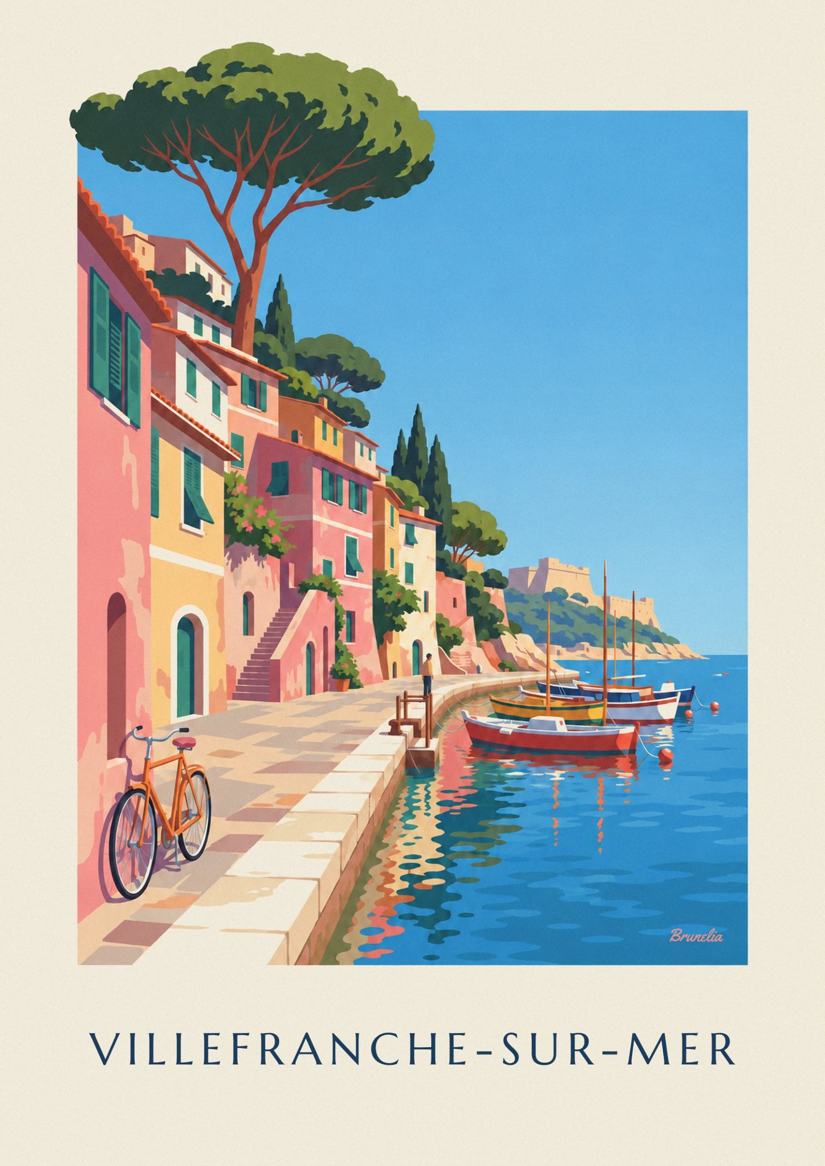 Le vélo orange appuyé contre un mur rose, sur le quai dallé baigné de soleil