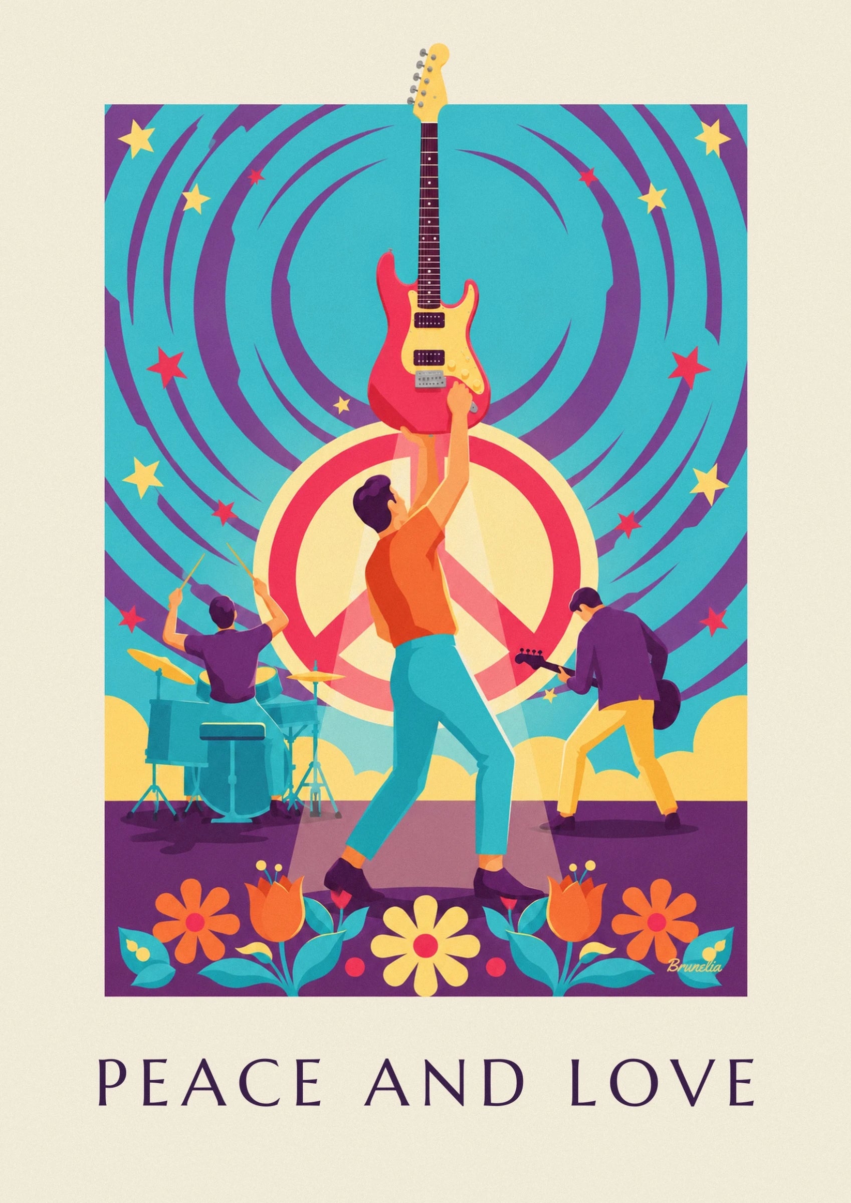 Le guitariste en orange et pantalon turquoise devant un symbole de paix jaune et rose