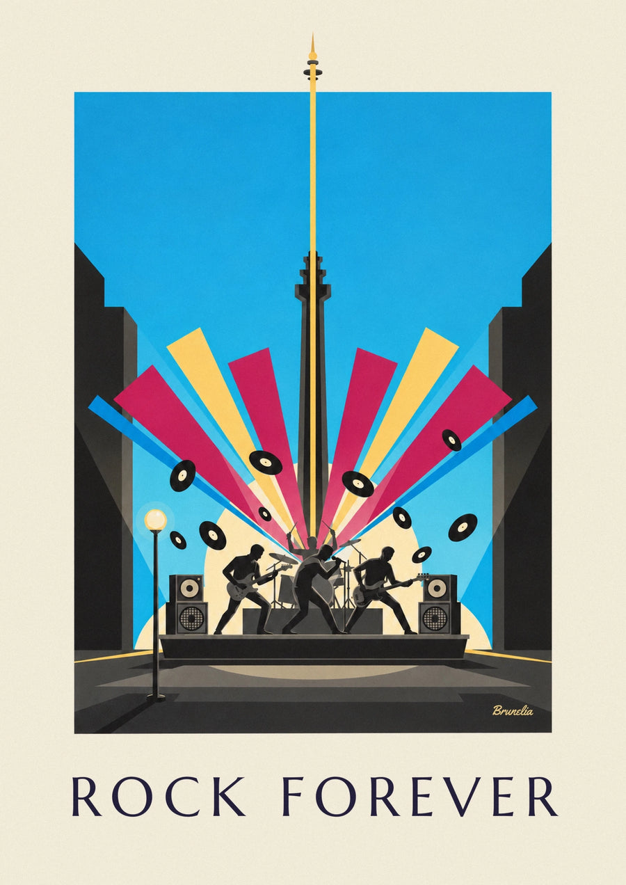Affiche silhouettes de musiciens rock sur scène et vinyles