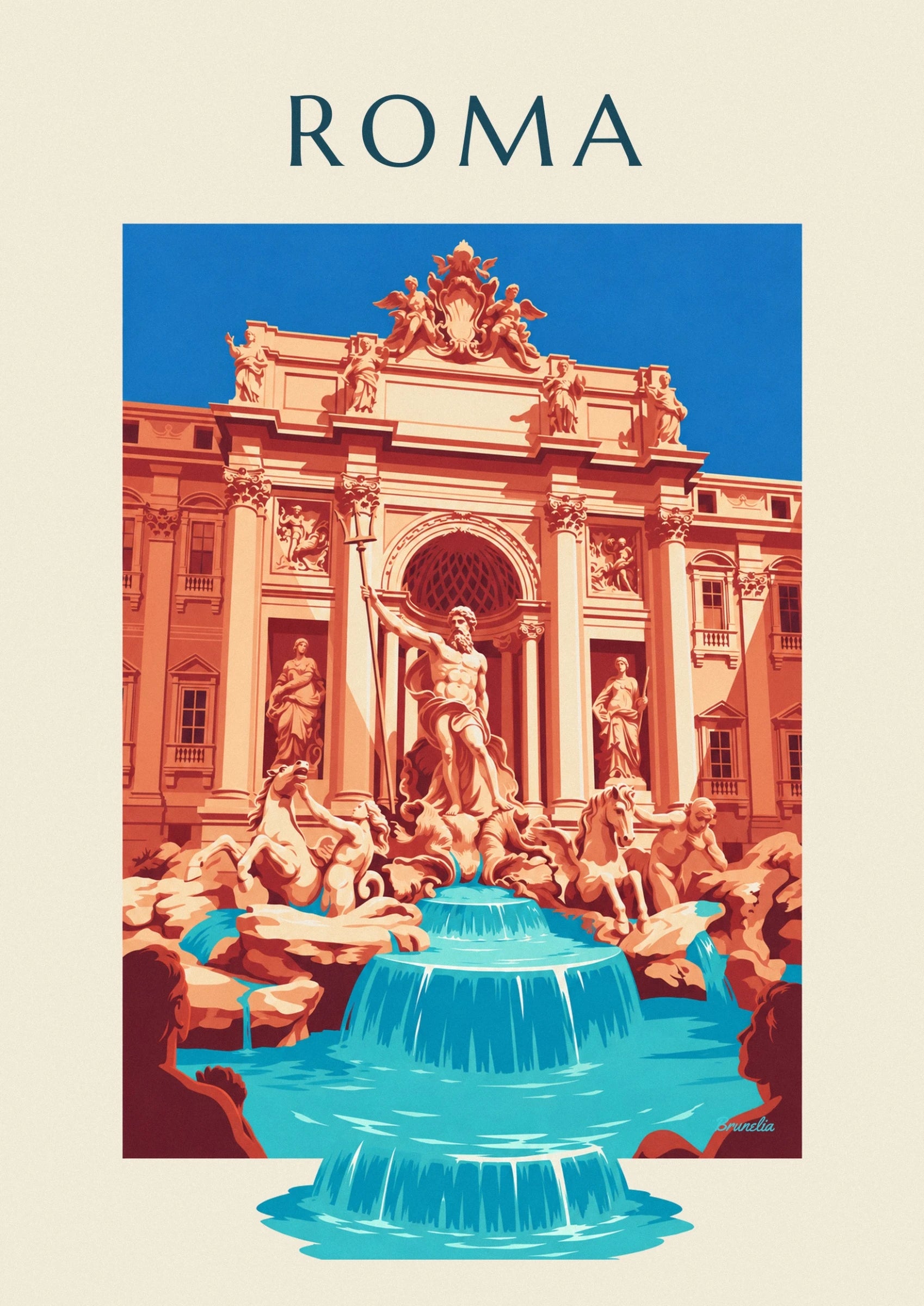 Bearded Neptune with his arm raised in front of the cream columns of the fontaine de Trevi