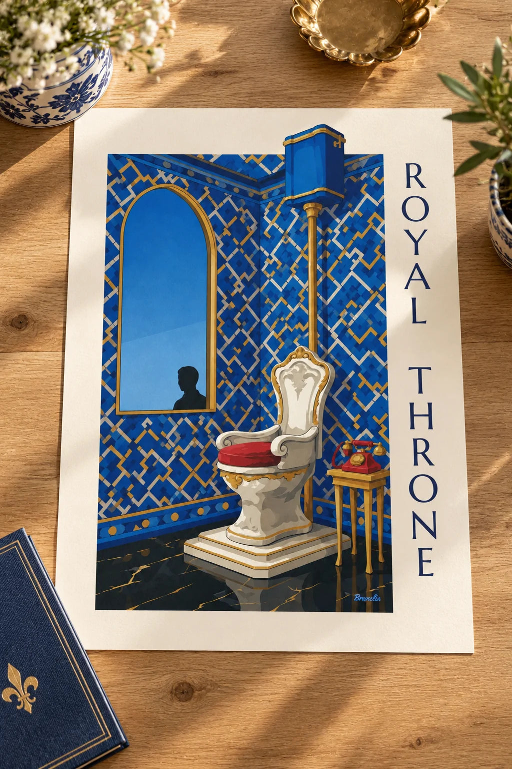 Powder room: Royal throne toilet and rotary phone poster on the wall