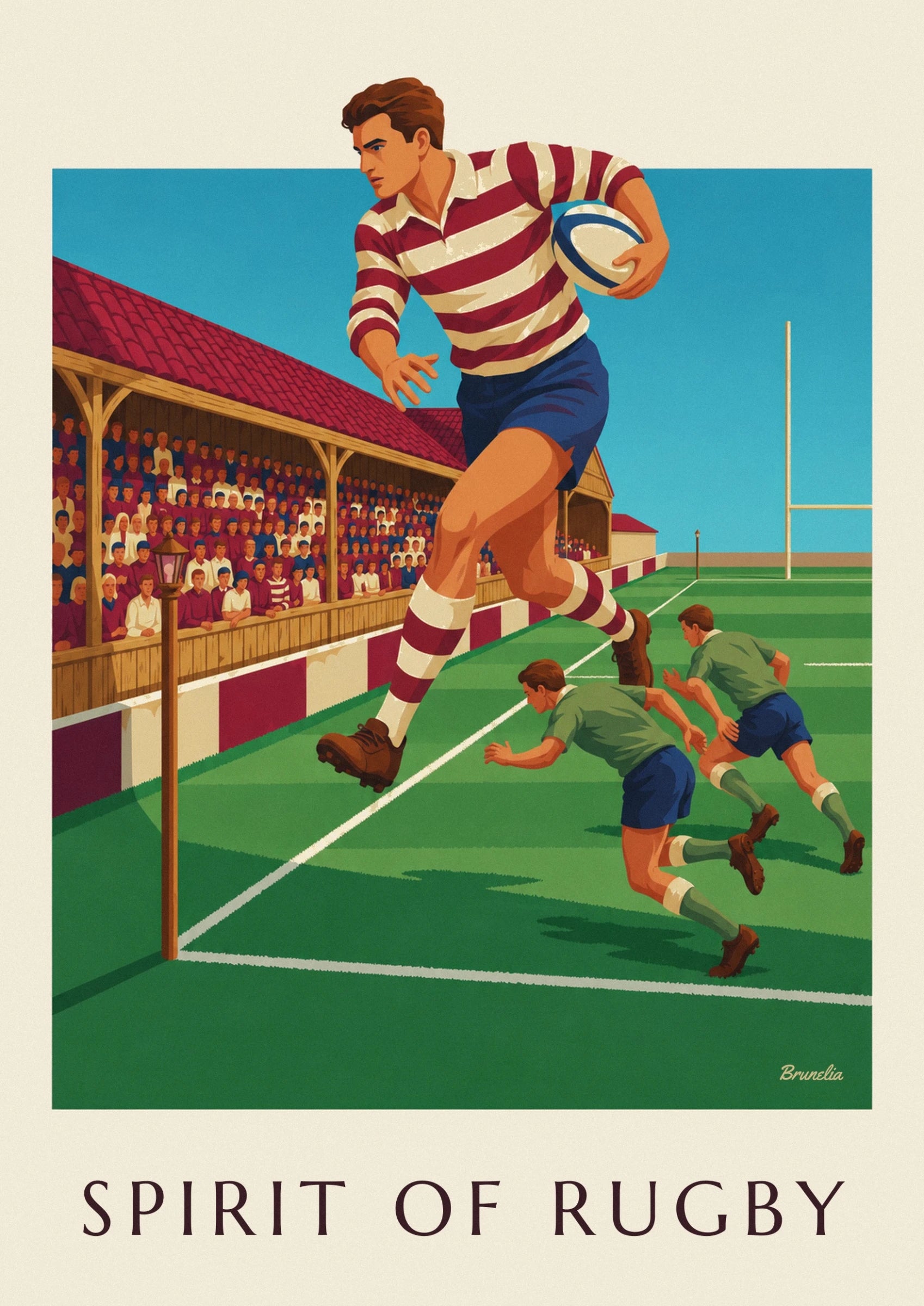 Affiche joueur de rugby sprintant le long de la touche : détail en gros plan
