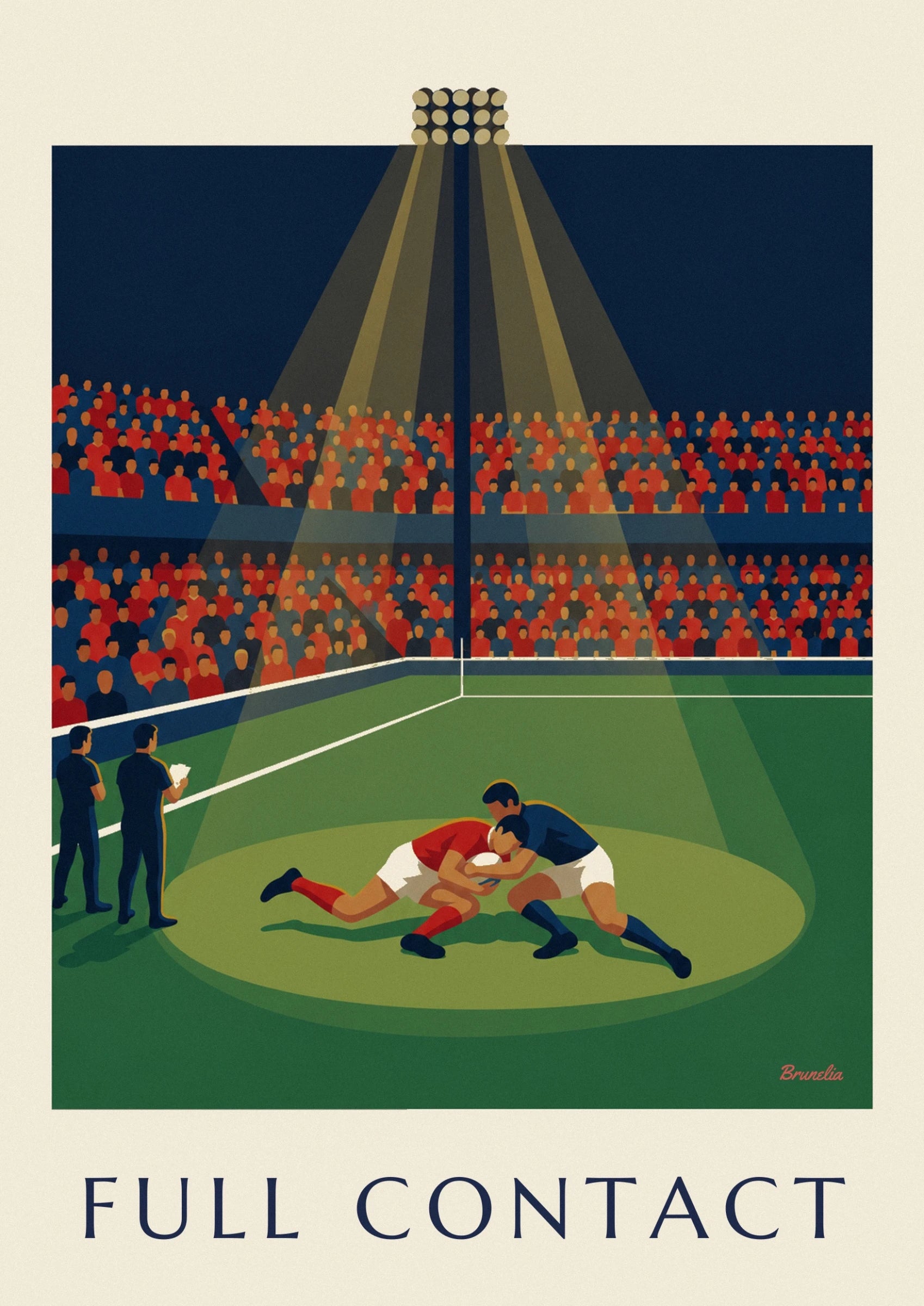 The tackle between 2 rugby players in red and blue on the stadium pitch
