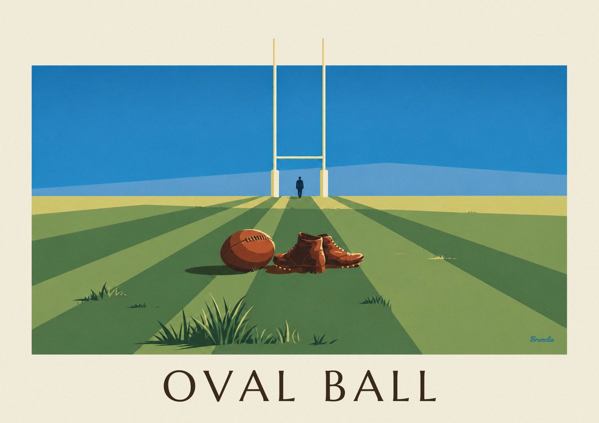 Le ballon ovale en cuir brun et ses lacets noirs sur la pelouse rayée