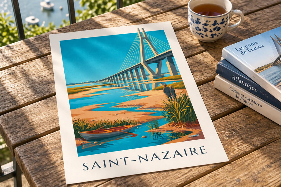 Plakát mostu v Saint-Nazaire a loďky na ústí řeky: položený na stole