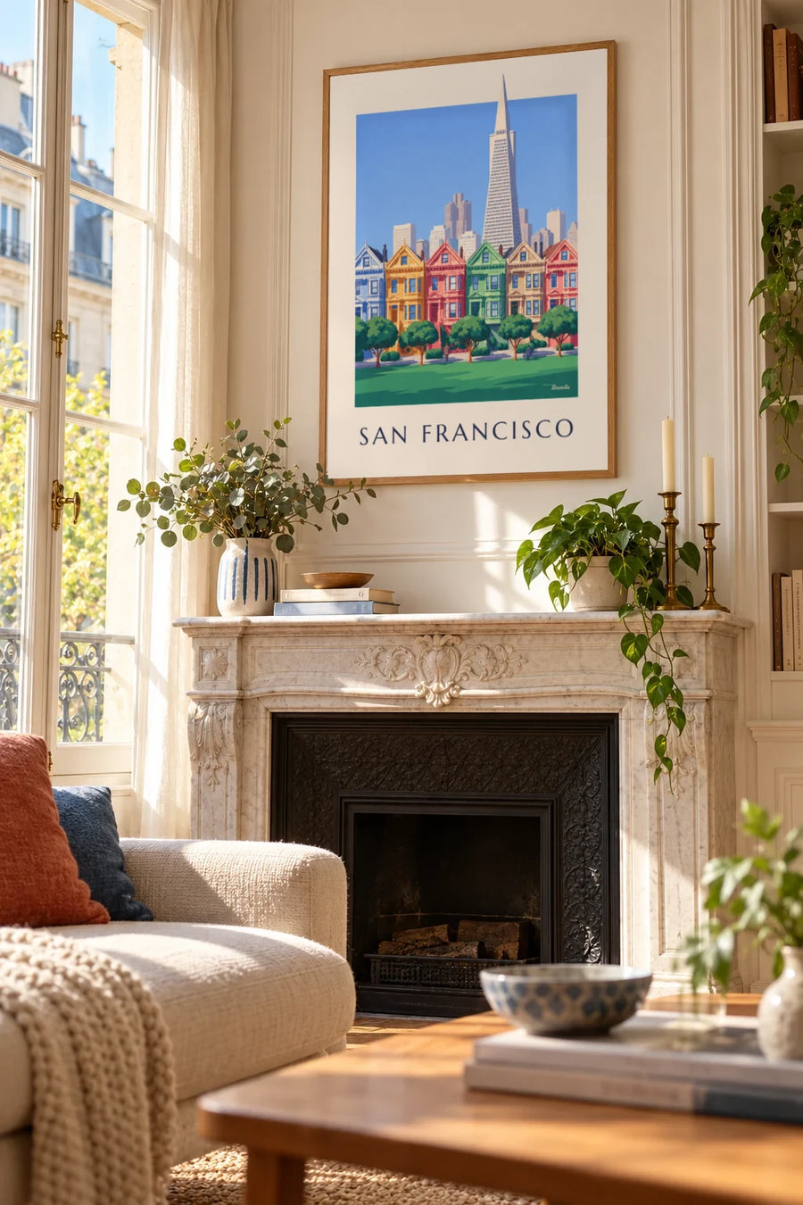 Plakát viktoriánských domů u Alamo Square v San Franciscu: plakát v rámu na zdi