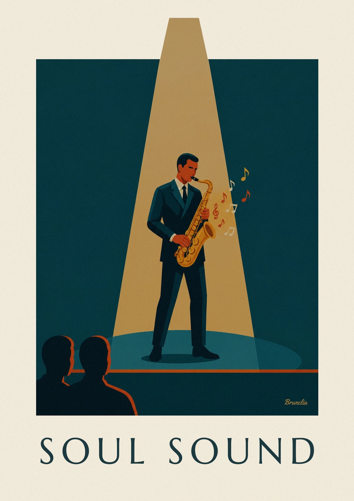 Affiche saxophone doré sous un faisceau de lumière jazz