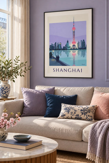 Plakát věž Oriental Pearl v Šanghaji v noci: zarámovaný na zdi
