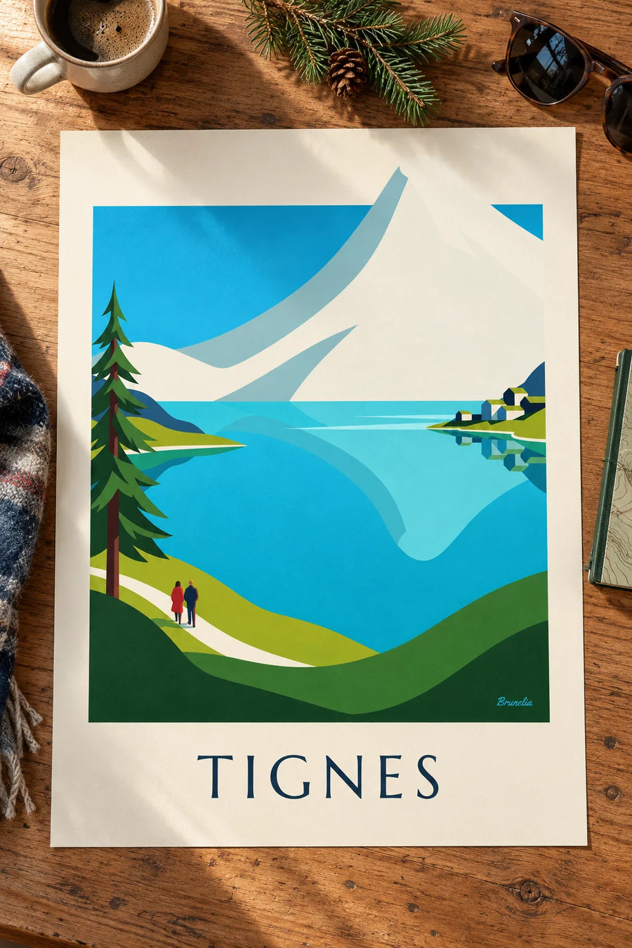 Plakát jezera v Tignes a zasněžených vrcholů Grande Motte: na stole