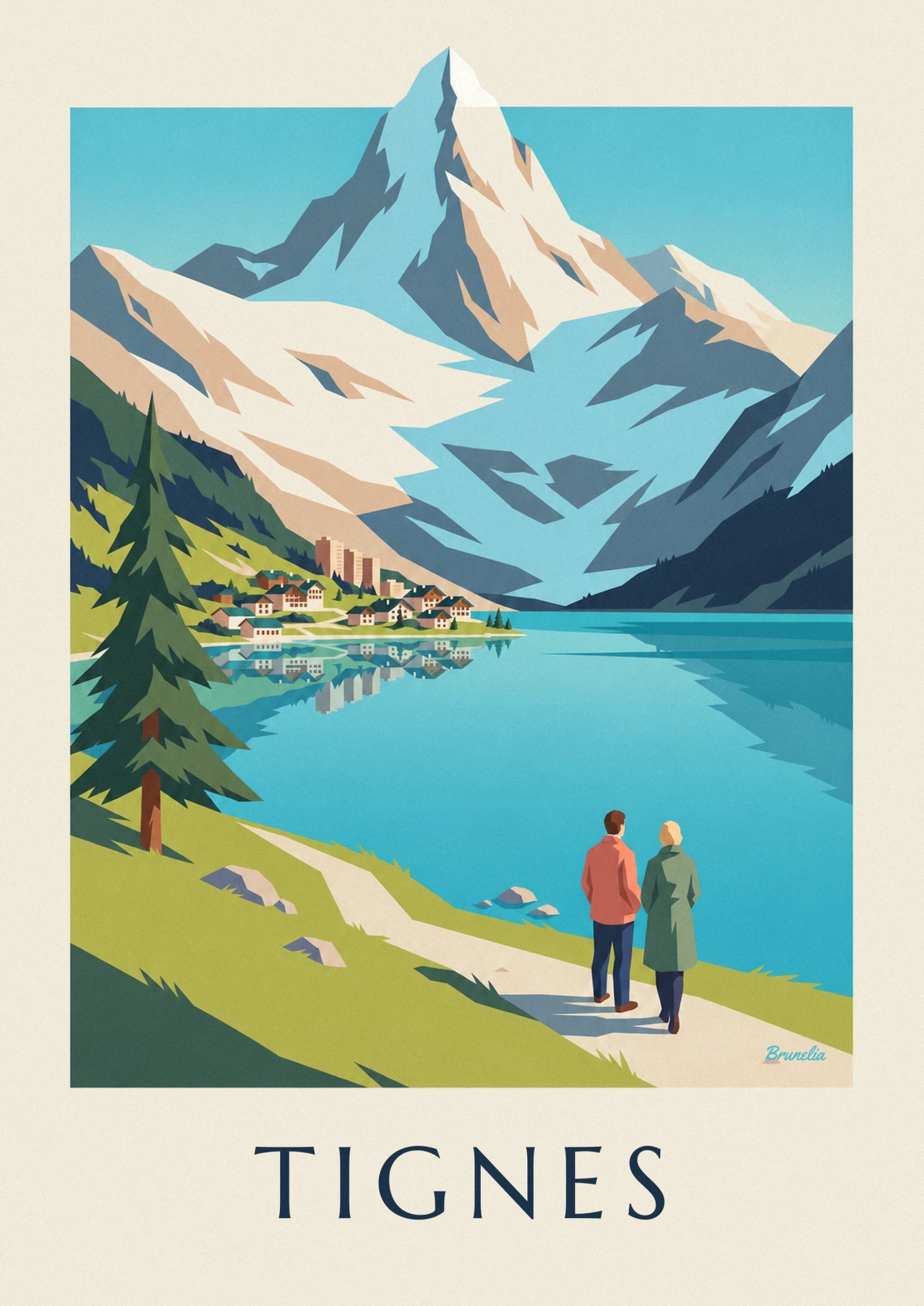 Le sommet enneigé de la Grande Motte, ses arêtes beige et bleu, et 1 immeuble en bas