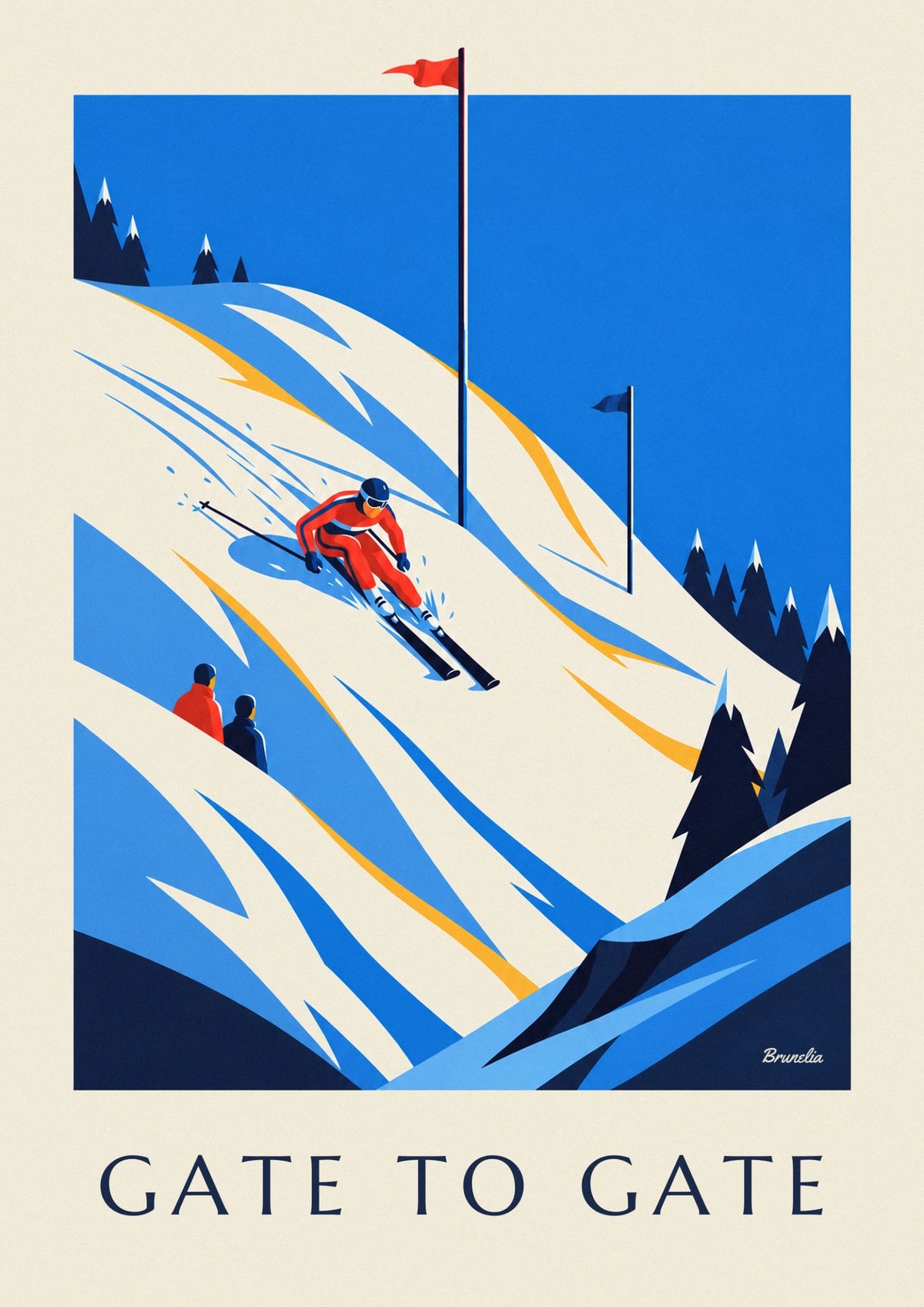Slalom skier between red and blue gates poster