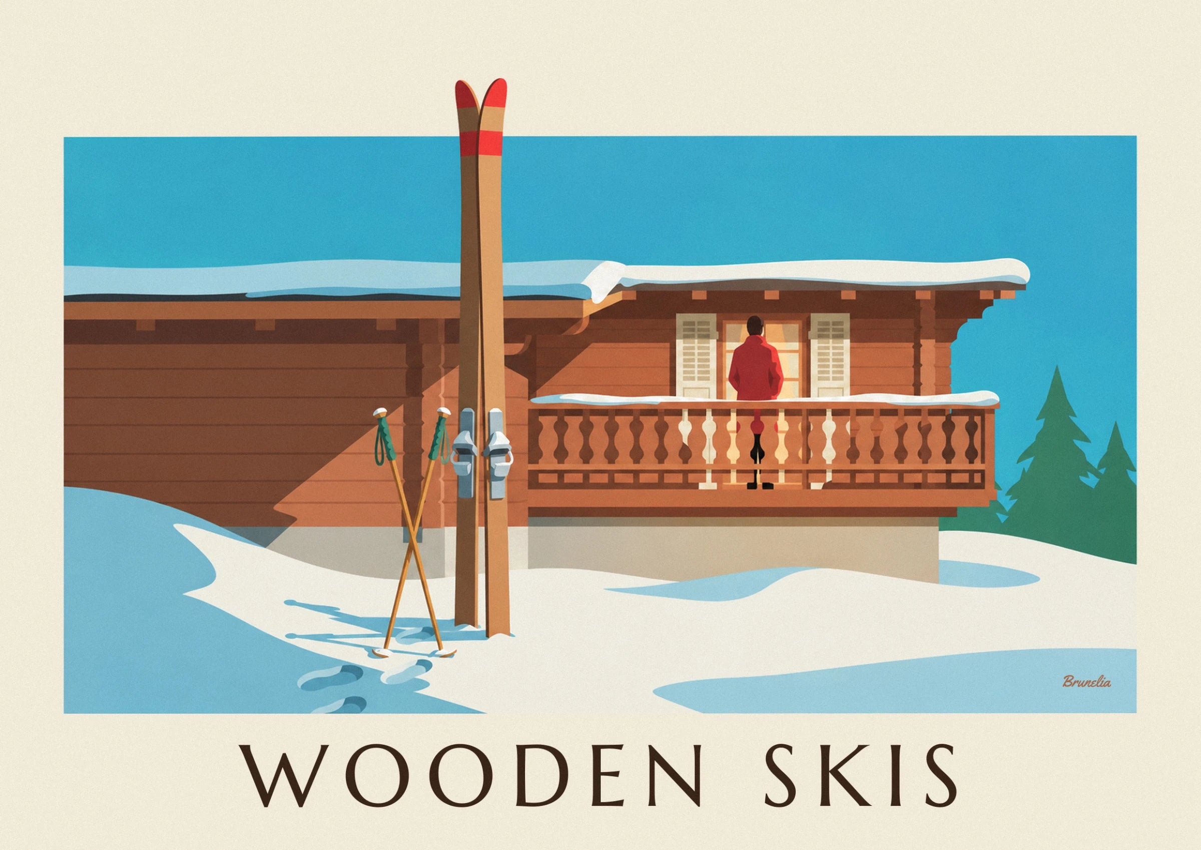 Les skis en bois et leurs bâtons croisés contre le chalet enneigé