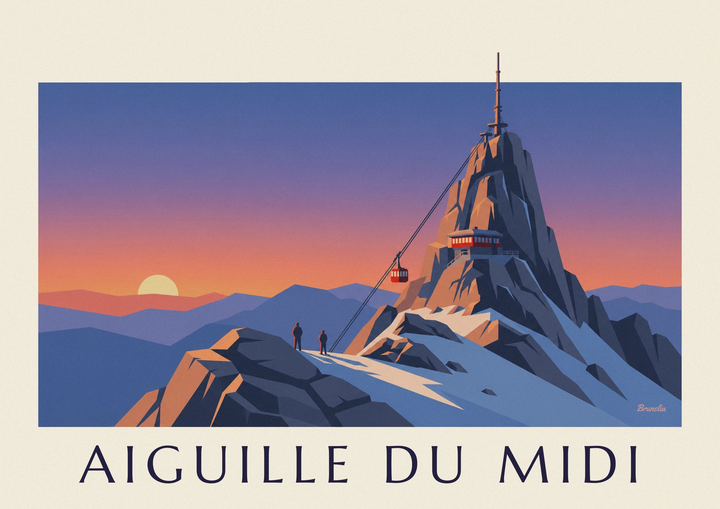 Le sommet rocheux et son refuge à fenêtres rouges, avec la cabine du téléphérique