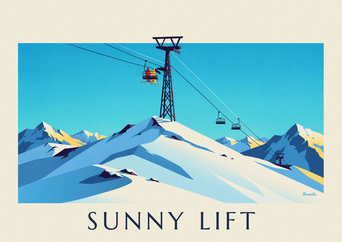 Skiers on a sunny chairlift poster