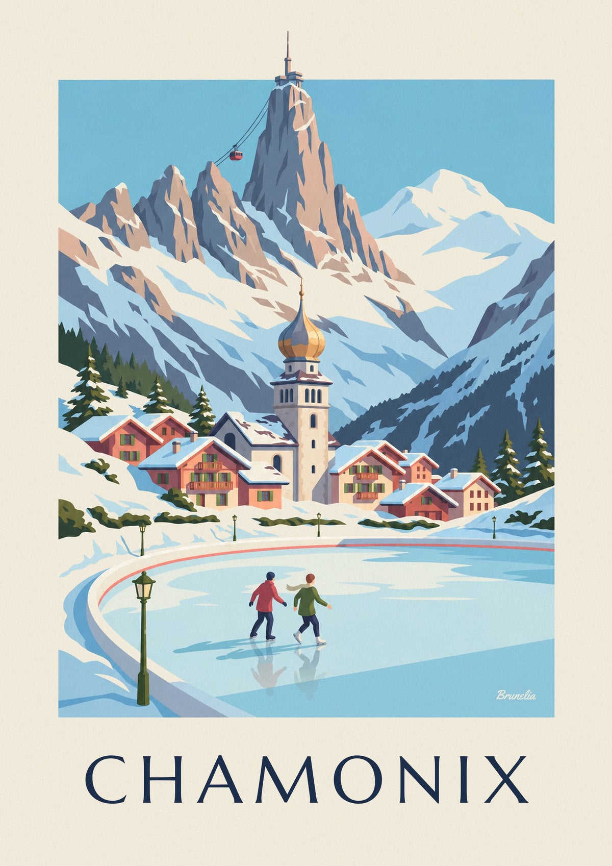 Affiche patineurs sur la patinoire de Chamonix et l'Aiguille du Midi