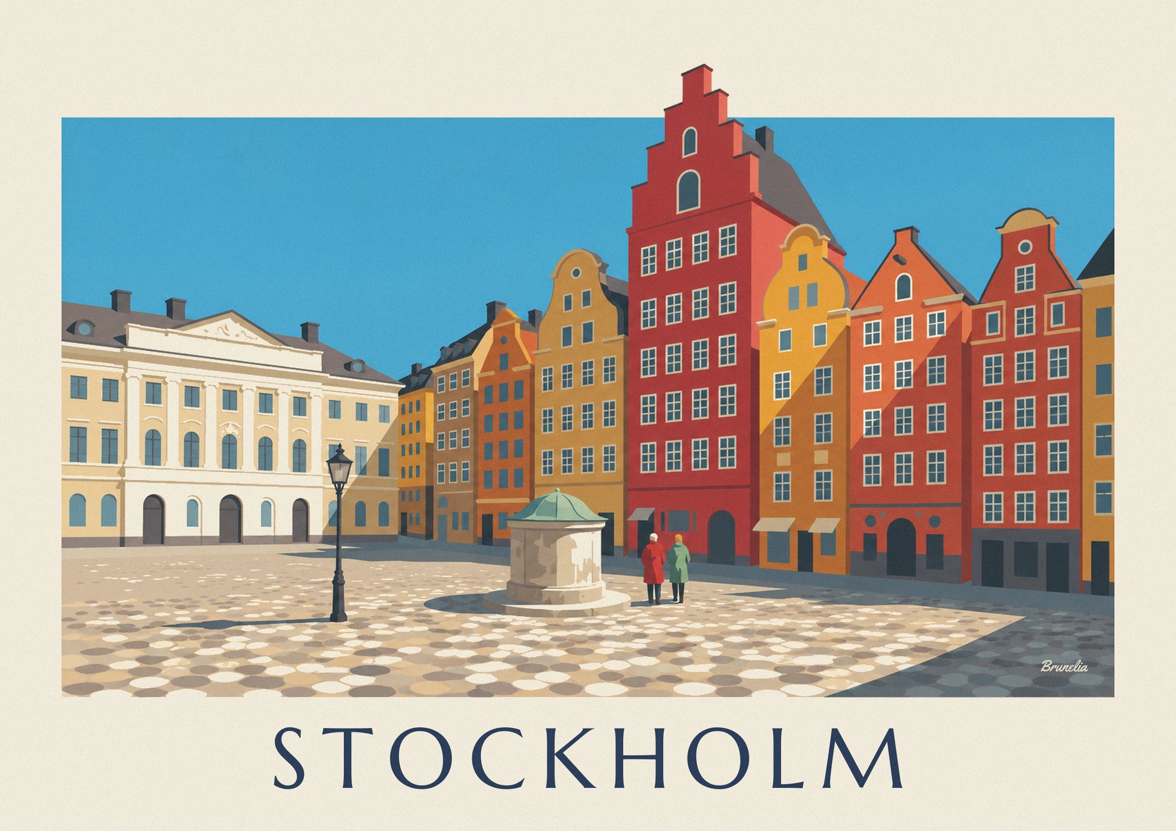 Plakát barevná průčelí náměstí Stortorget ve Gamla stan ve Stockholmu: detail zblízka