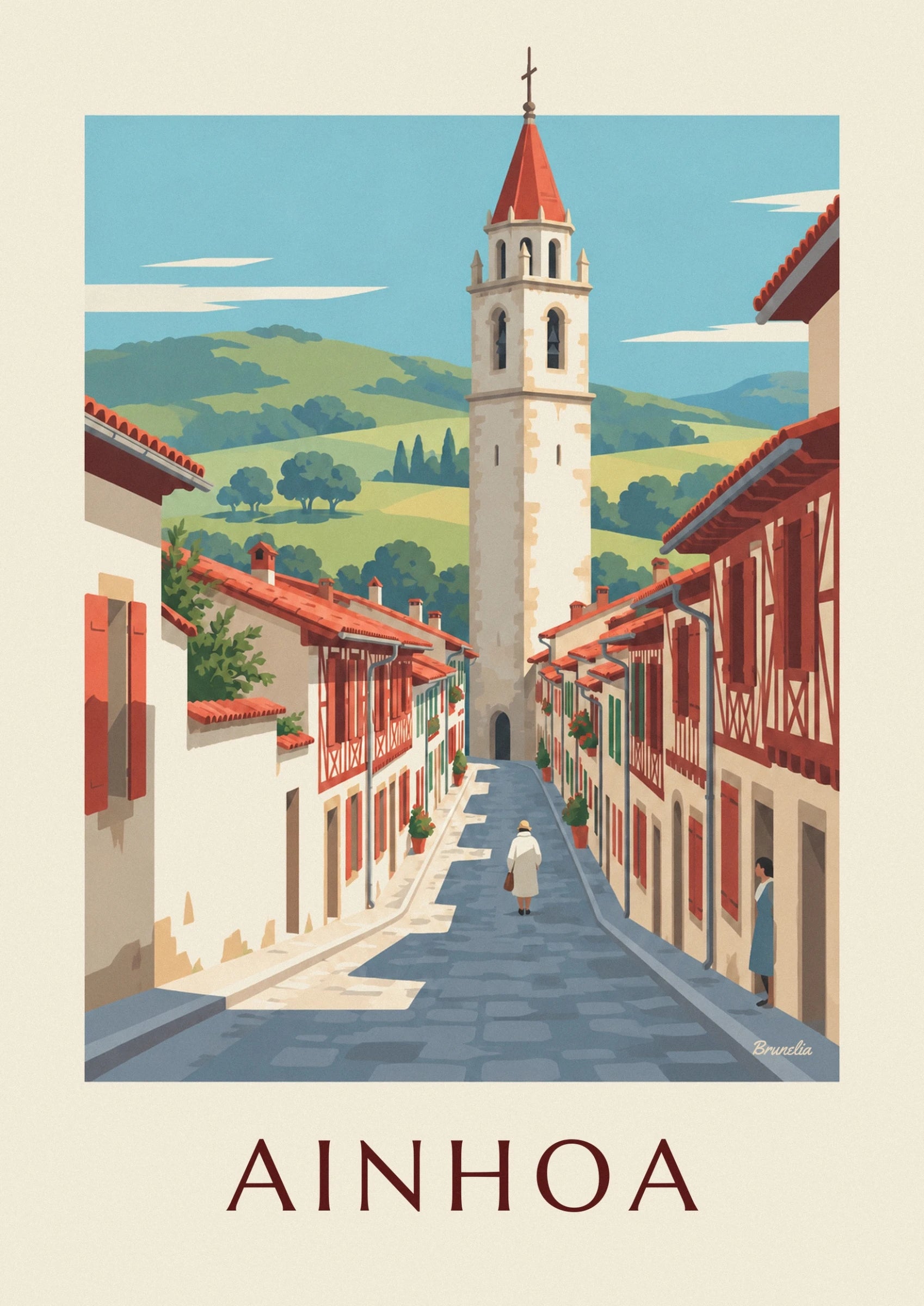 The pale stone bell tower with a red spire in front of the lush green hills