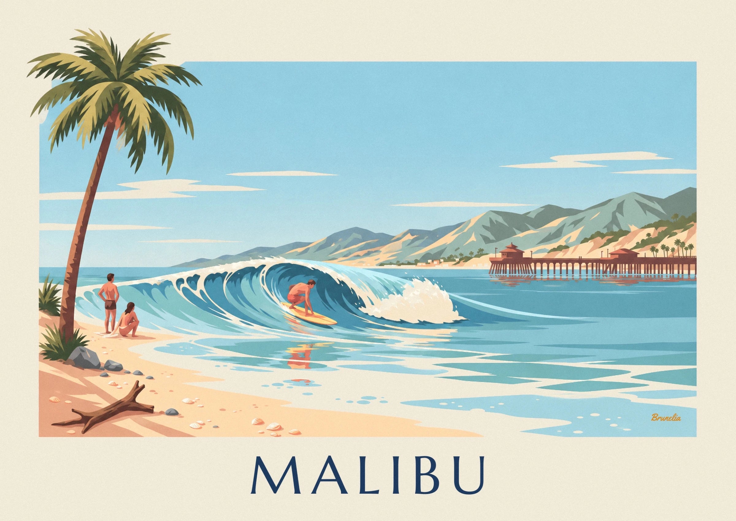 The surfer crouching on his yellow board in the hollow of a turquoise wave