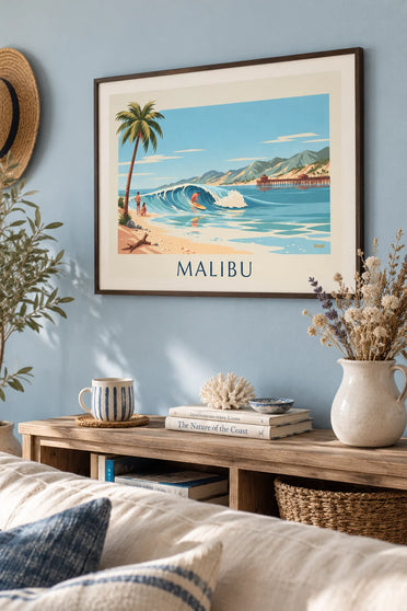 Surfer on the wave at Malibu Point poster: framed on the wall