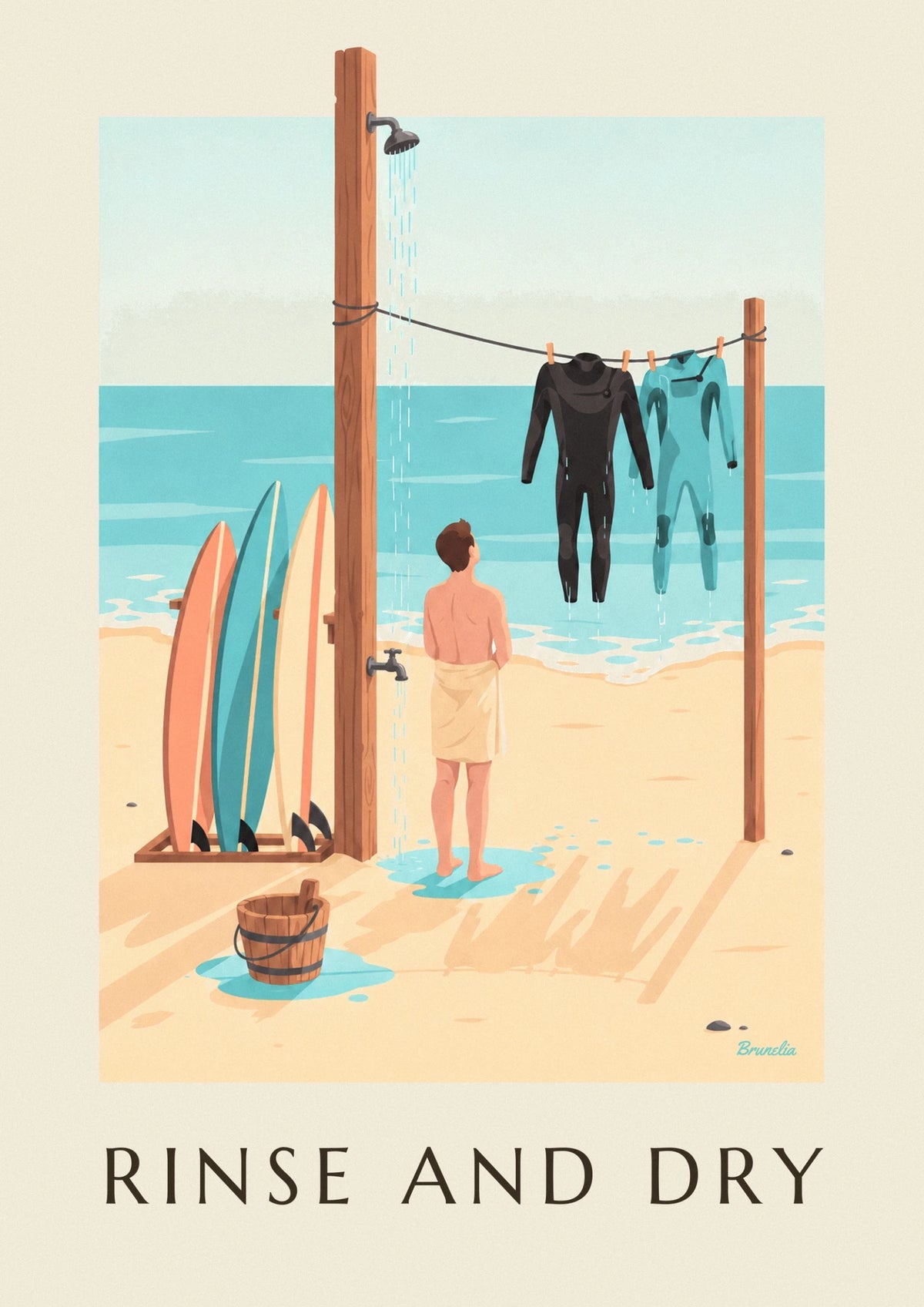 Beach shower and drying wetsuits poster