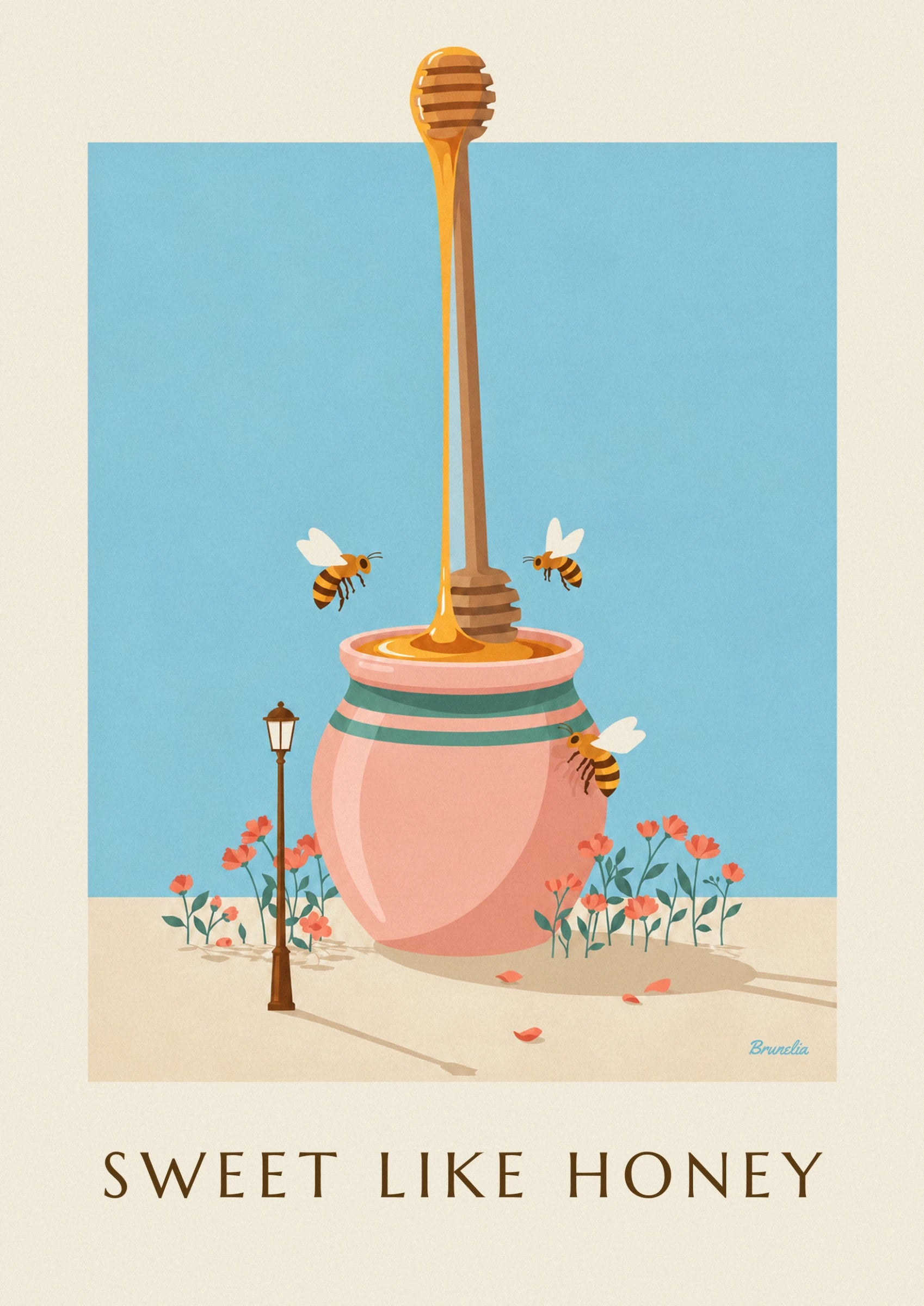 Le pot rose rayé de vert, son miel doré qui coule et 2 abeilles