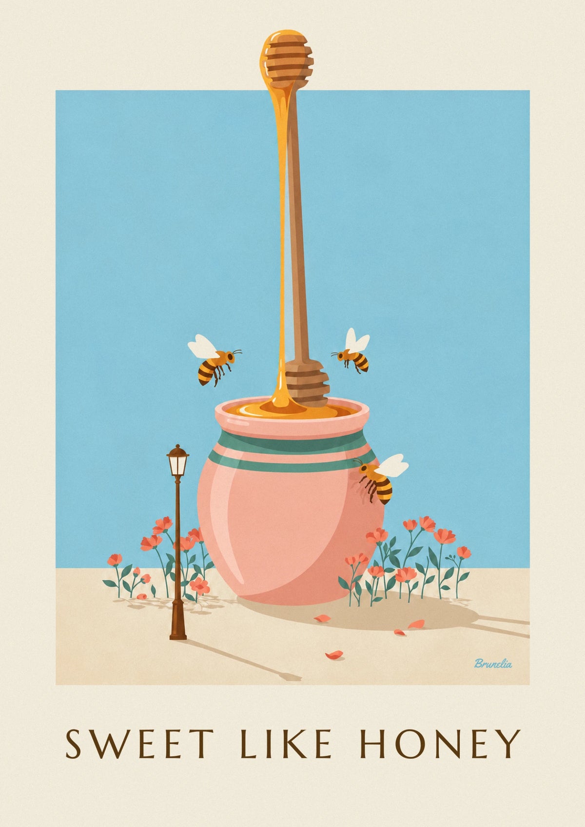Affiche pot de miel doré, cuillère en bois et abeilles
