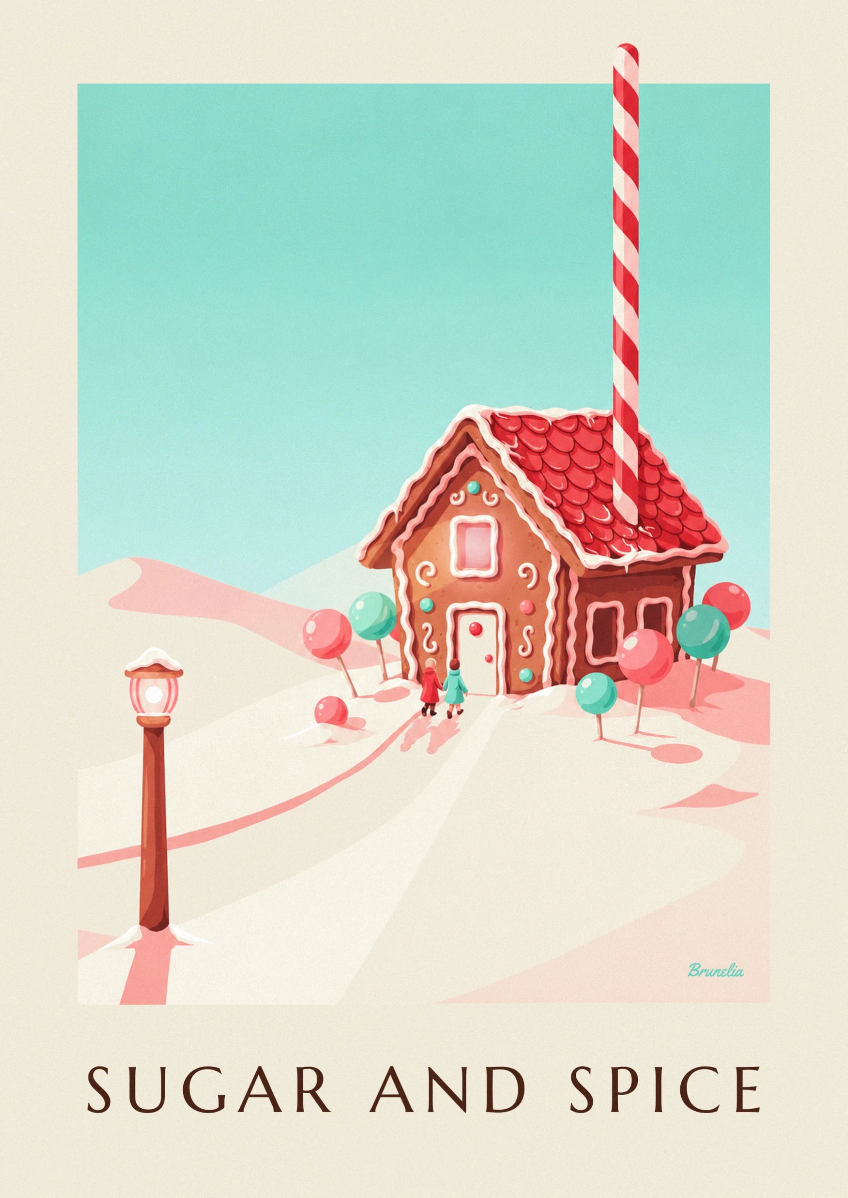 The gingerbread house with its red roof and 2 visitors in the snow