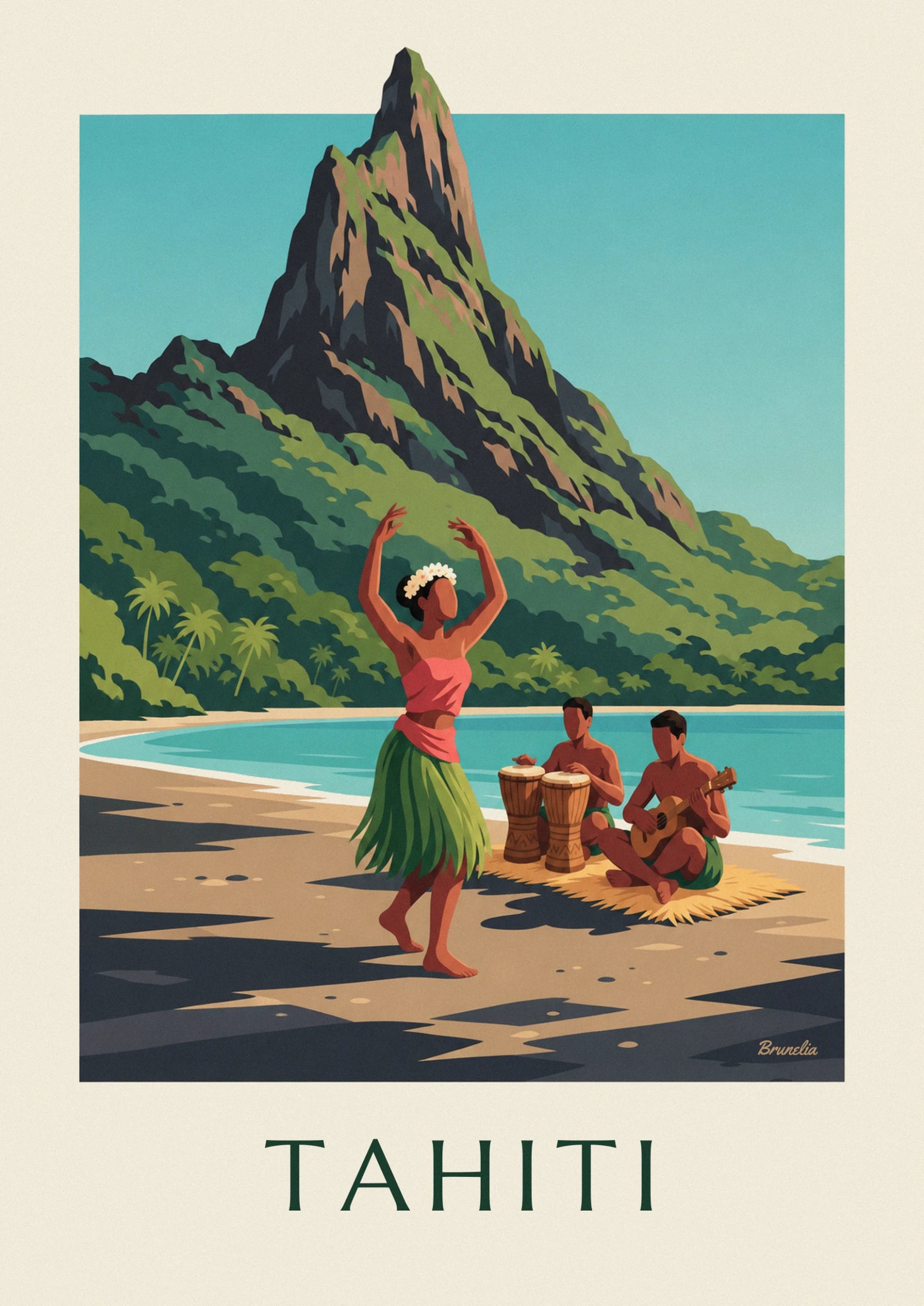 The dancer in a leaf skirt and white flower crown, in front of 2 drums on the beach