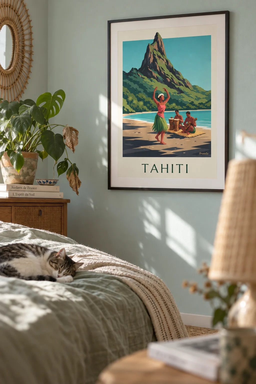 Affiche danseuse tahitienne et musiciens sur une plage de Tahiti na stěně