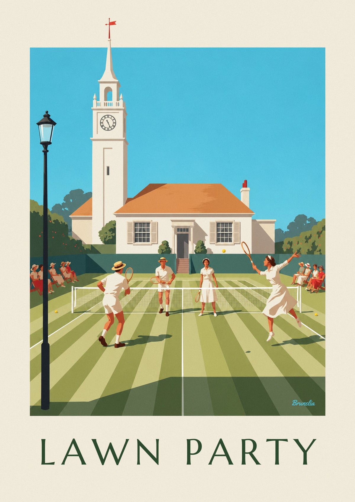 Mixed doubles grass court tennis match and clubhouse poster