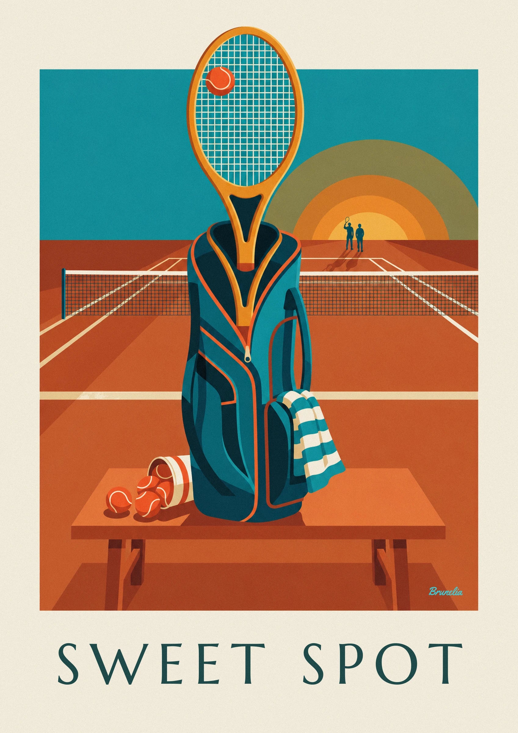 The blue tennis bag with orange trim, its striped towel and balls on the court