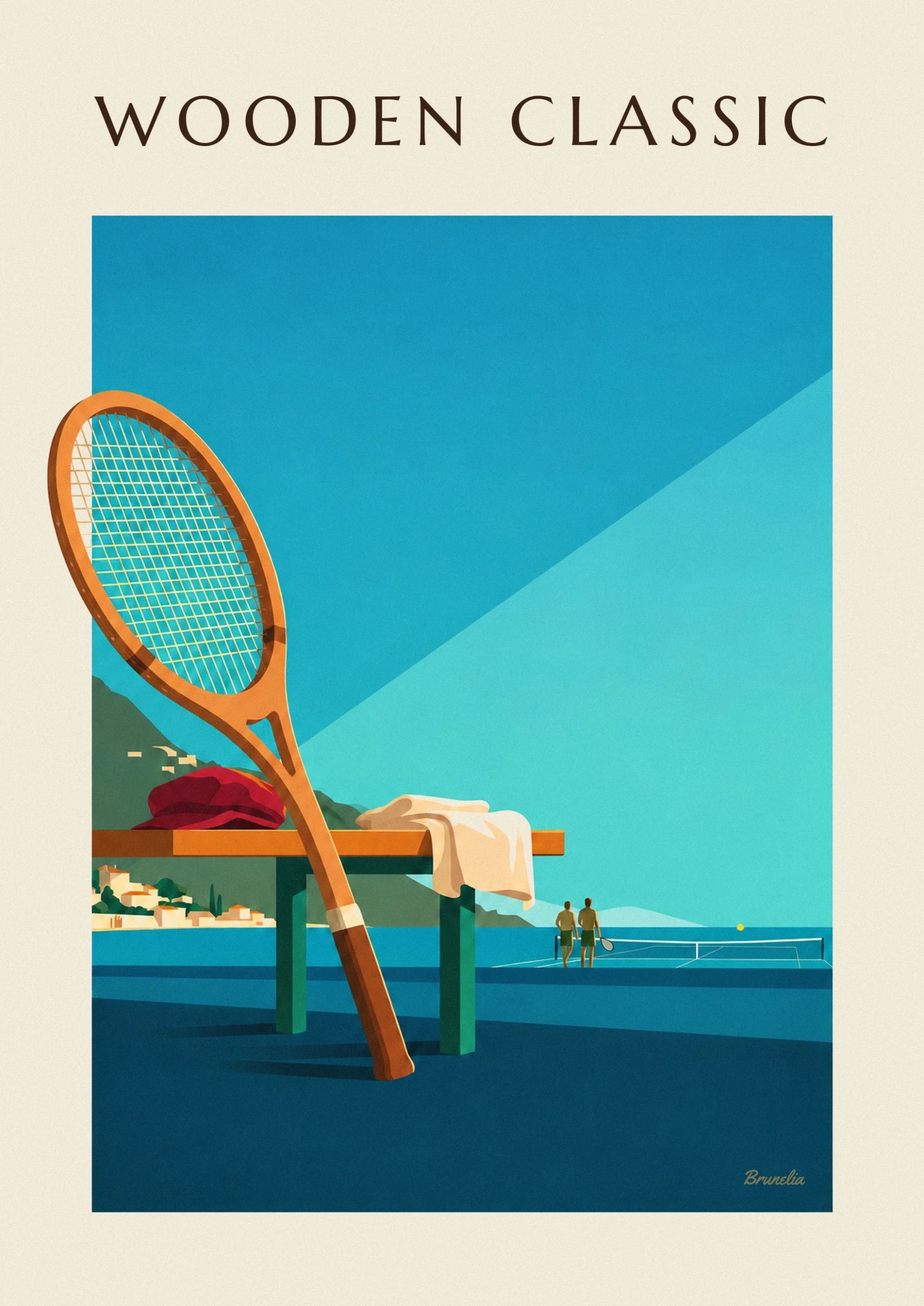 The orange wooden racket and its pale strings against a turquoise blue background